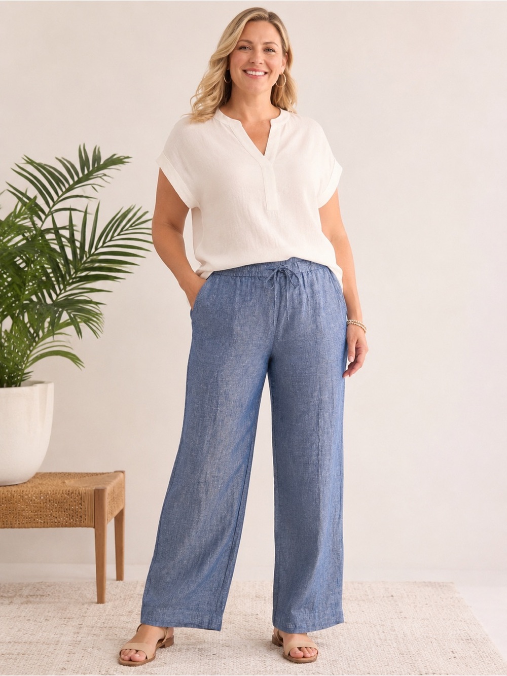 Talbots NWT Blue 100% Linen Wide Leg Pull-On Drawstring Pants Size 16W